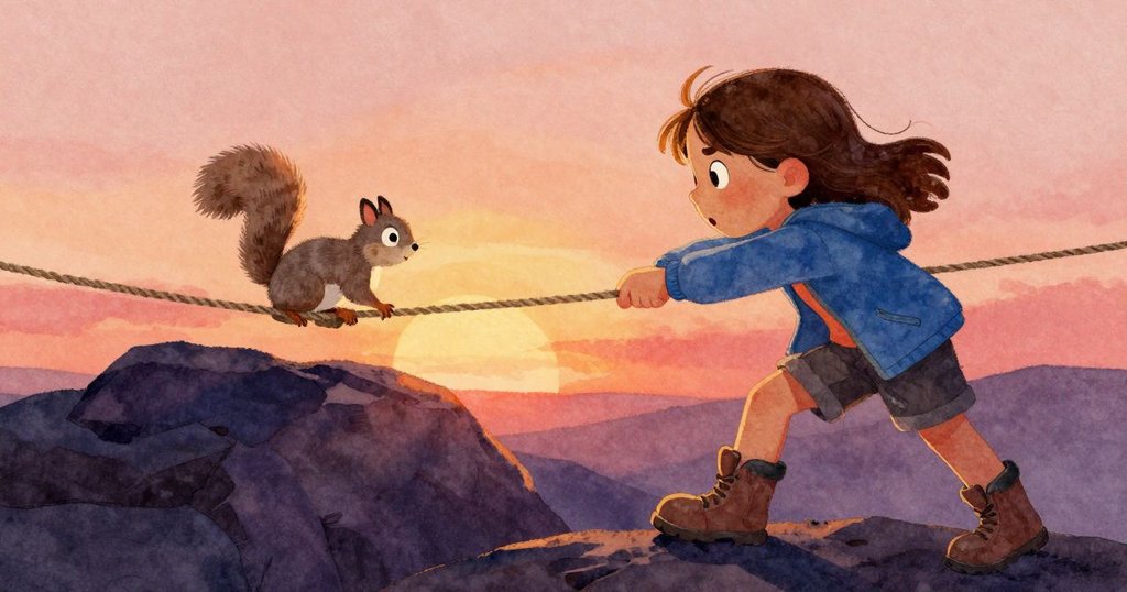 Zara驚喜地注視一隻灰色松鼠在繩結上活動, 臉上流露好奇與驚異, 突顯關鍵時刻