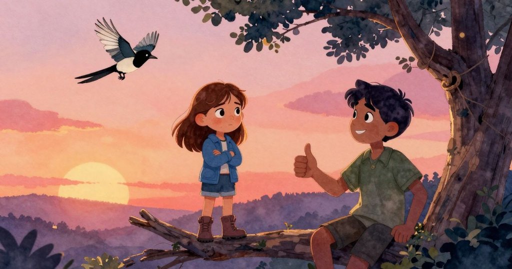 Zara完成繩結, 亞特拉斯在下方豎起大拇指, 麻雀拍翼飛向鄰近枝頭, 傳遞未完故事的預感