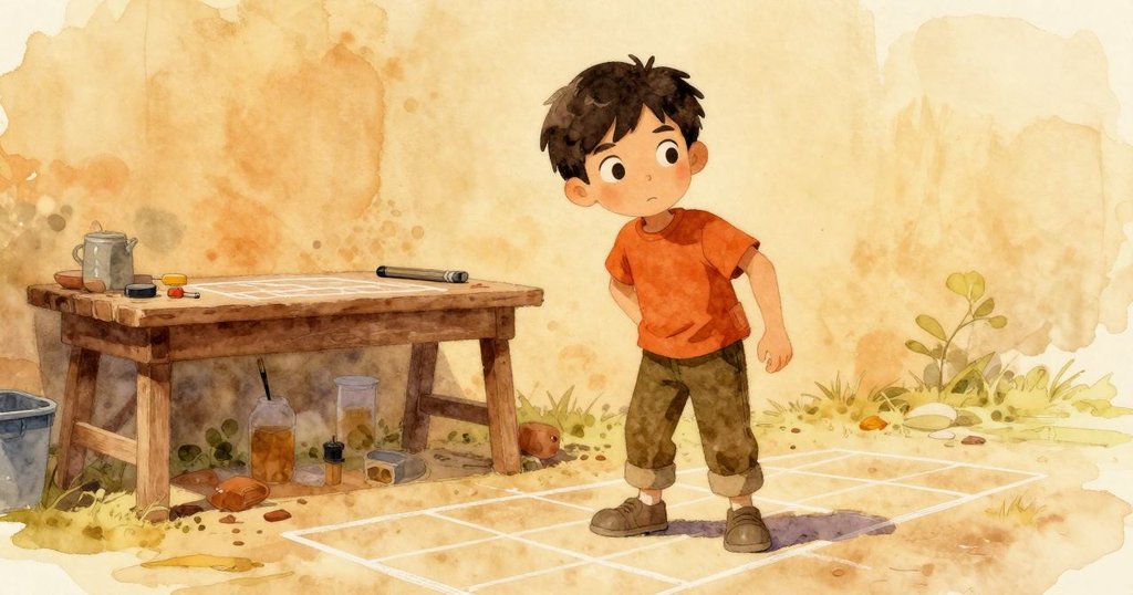 Niall站在戶外格子旁，手持畫刷與紙板，靜靜觀察工作區，神情充滿期待與寧靜