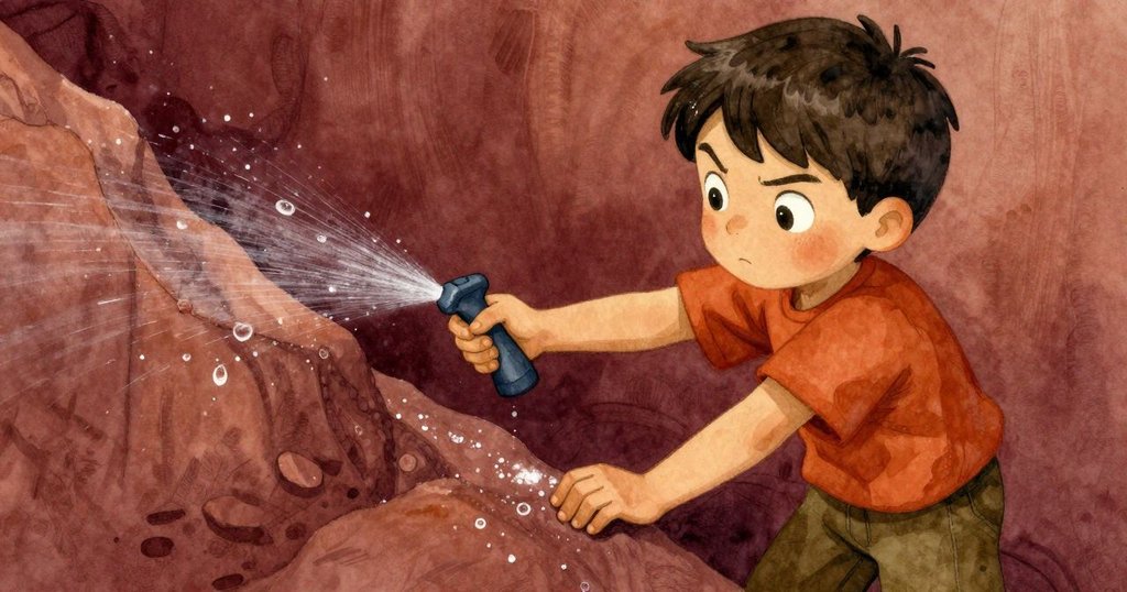 Niall專注使用噴霧瓶，近距離展示被水濕潤的粉筆紋理與水滴溢散，溫暖光線下細節清晰