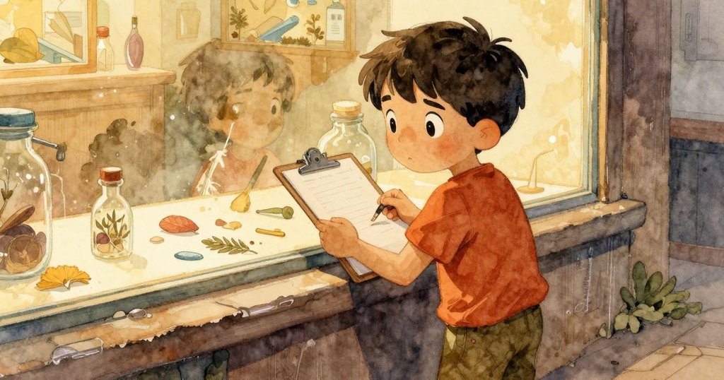 Niall調整紙板，透過玻璃看見檢樣台與滴答時鐘，神情專注且透露出一絲緊迫感