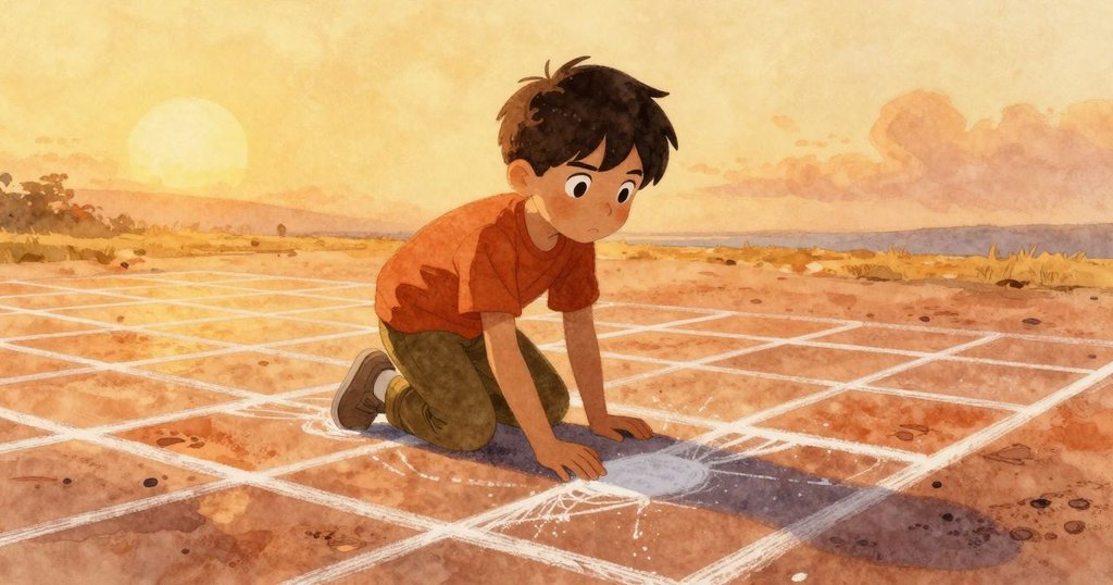 Niall在金色夕陽下審視完成的粉筆圖案，環境靜謐而充滿成就感，展現出創作冒險的完美落幕