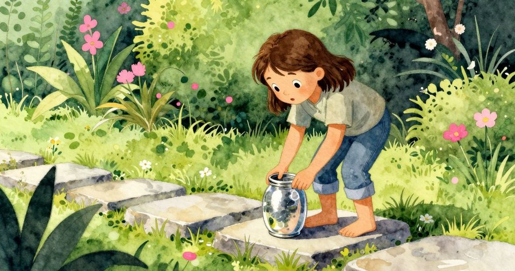 哈瑞特在石板路上彎腰拾起歪倒的玻璃罐，前景石板清晰，背景草地疊影迷人，眼神透露專注與好奇