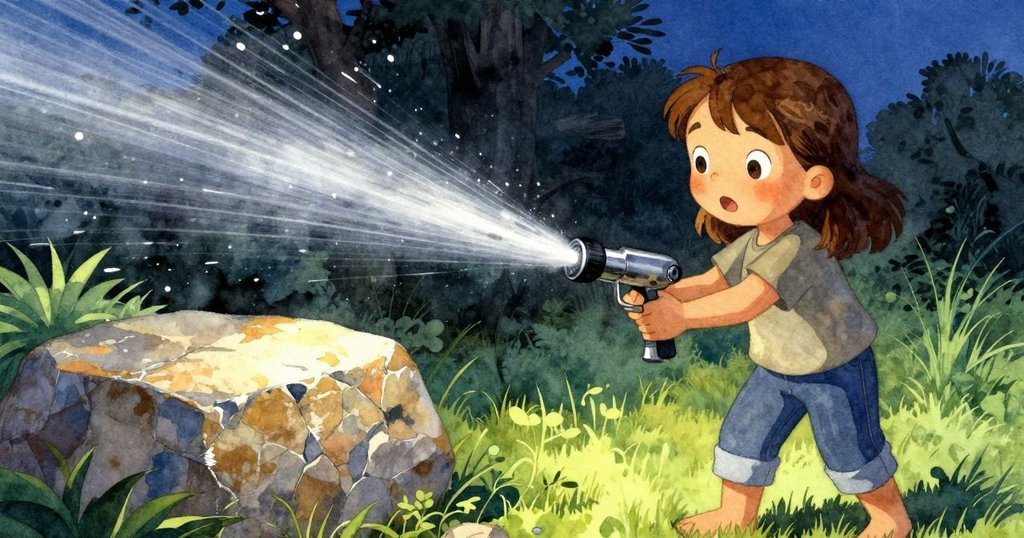 哈瑞特在石上小心操作灑水器鑰匙，光影由傍晚向夜晚轉變，手部動作細膩，環境散發寧靜氛圍