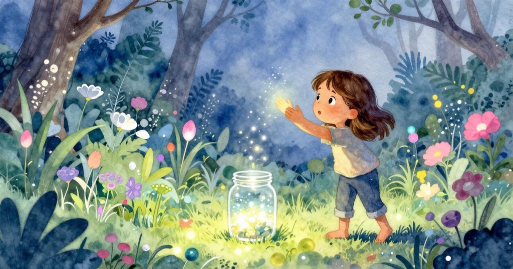 哈瑞特溫柔舉起發光玻璃罐，捕捉微光奇蹟，庭園中光影交錯象徵奇幻圓滿落幕，面容平靜滿足