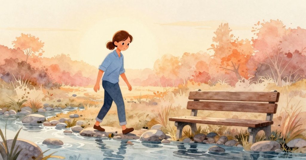 Gemma在晨曦中走向溪邊檢驗台，背景為柔和光線與平靜水流，展現故事開端的場景與情感