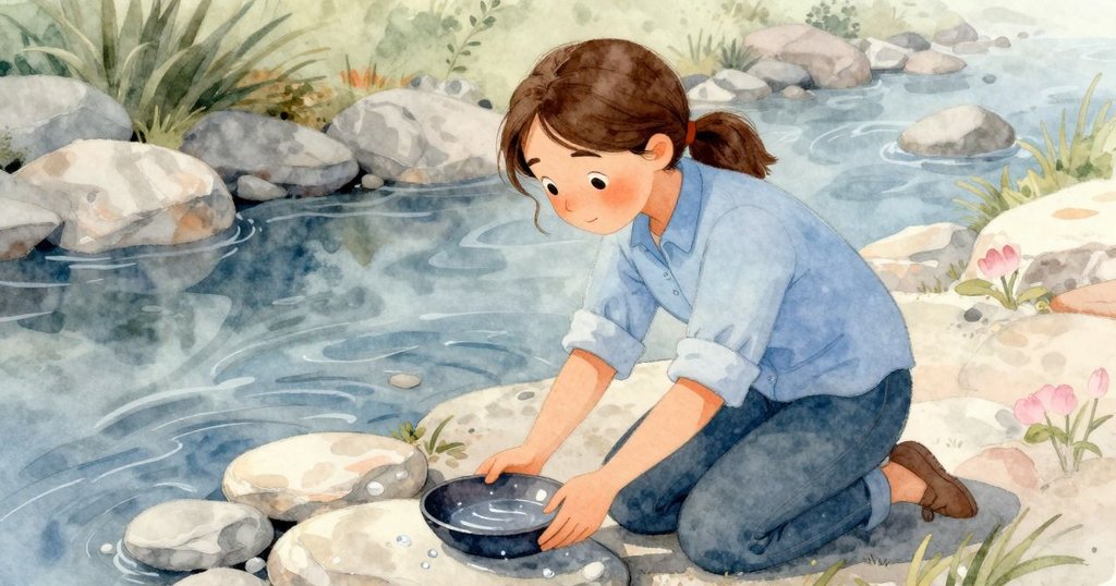 Gemma蹲於檢驗台前，小心地放下暗金屬鍋，水珠從袖中滴落於石上，展現細膩的環境互動