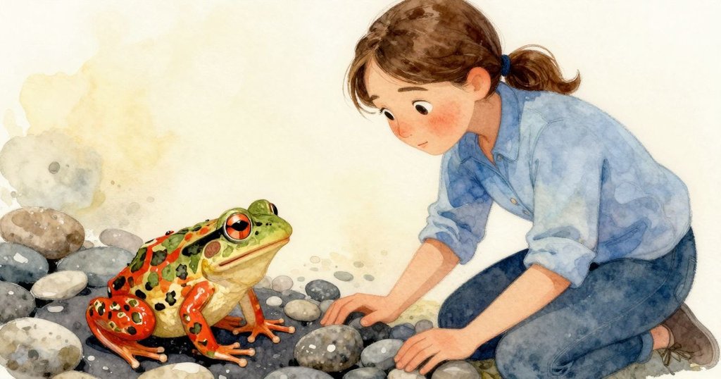 斑點青蛙從碎石中探出身影，輕觸鍋沿，神情好奇，畫面展現了自然中的細膩互動