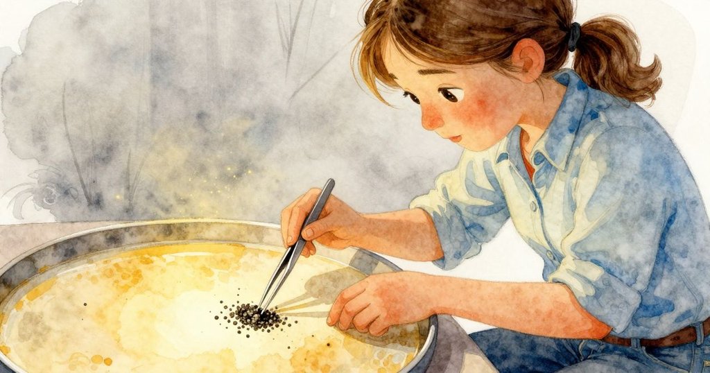 Gemma專注運用潮濕鑷子，從黑砂鍋中仔細摘取磁砂，細小黃片閃現希望，臉上流露堅毅情感