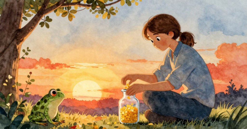 夕陽黃昏中，Gemma小心將閃亮黃片滴入瓶中，青蛙在樑下觀望，整體場景溫馨、寧靜，故事圓滿落幕