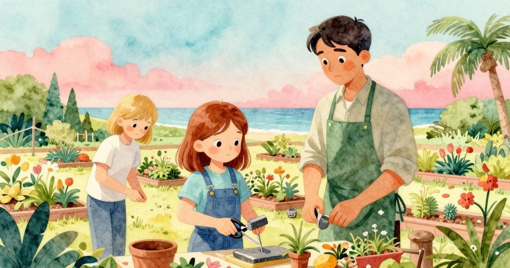 妮娜在花園石上使用剪刀，喬納斯整理水管，見證實習生在帳篷下堆放陶罐，充滿忙碌與活力的情景。