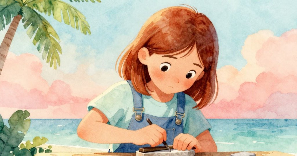 妮娜細心調整剪刀力度，特寫石面上乳狀漿糊疊起歷史痕跡，呈現工藝與時間交織的質感。