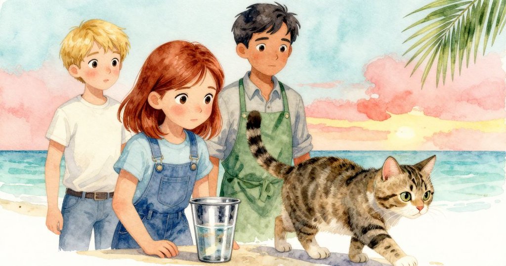 金屬水杯微光凝視，水面倒映著石面細節，流露出工匠精神與光影交織的微妙情境。