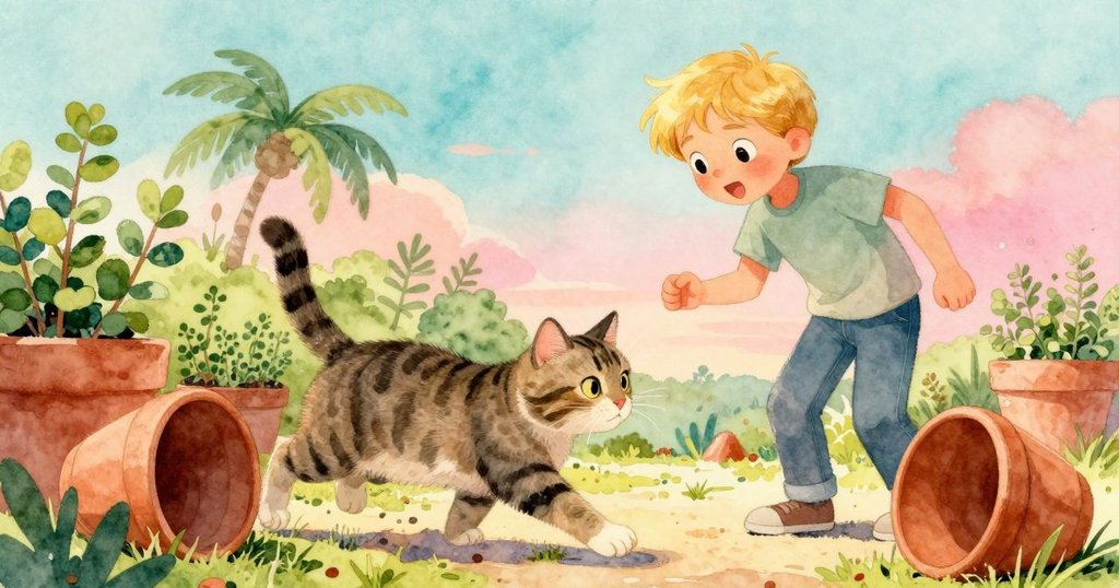 貓兒輕拂實習生堆放的陶罐，陶罐在草藥床旁滾動，戶外場景充滿意外與活力。