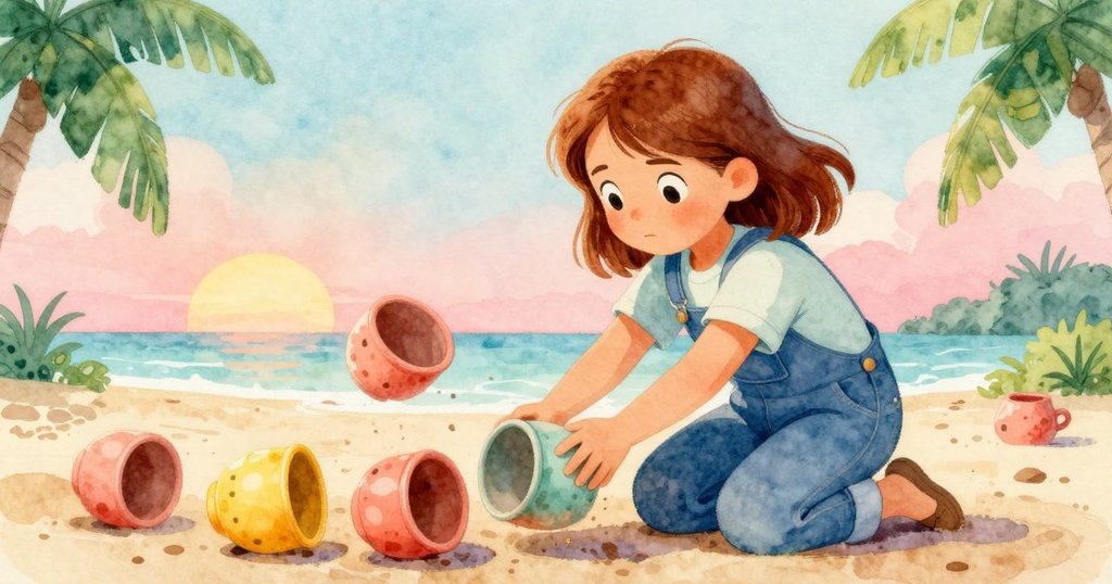 妮娜急忙彎腰制止陶罐滾動，臉上流露決心與柔情，背景散落陶罐與碎羅勒香。