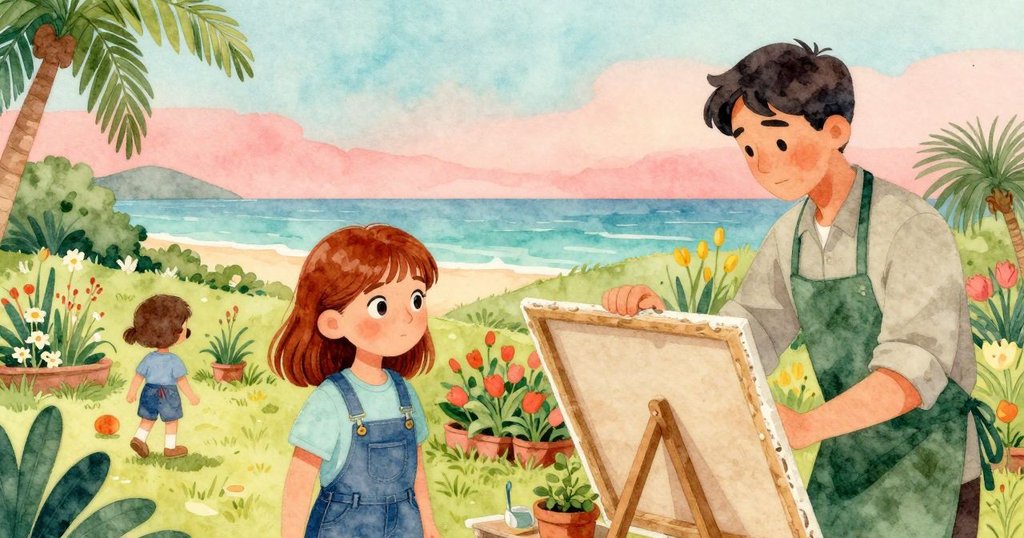 妮娜滿懷平靜站回畫布下，成功拋光石面，喬納斯重拾工作，庭院中充滿完成後的希望氣息。