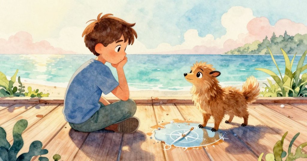 Sam站在雨後木甲板上，透過水面看見未完成粉筆畫的指南針，Griffon在旁觀察，表情專注與沉思。