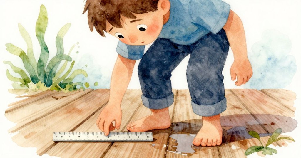 Sam踏在濕潤木板上，手握細木尺，輕盈腳步映出清晨柔光，氛圍沈思且神秘。