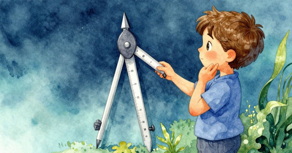 Sam從背後視角用細木尺敲擊歪斜的指南針，展現專注神情與物件細節。