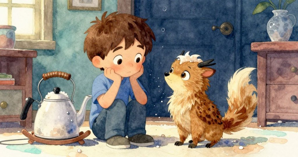 室內錄音室中，Sam與Griffon協力清理奶香肉桂蒸氣滴落木地板，溫馨光線映出堅毅與懷舊情懷。