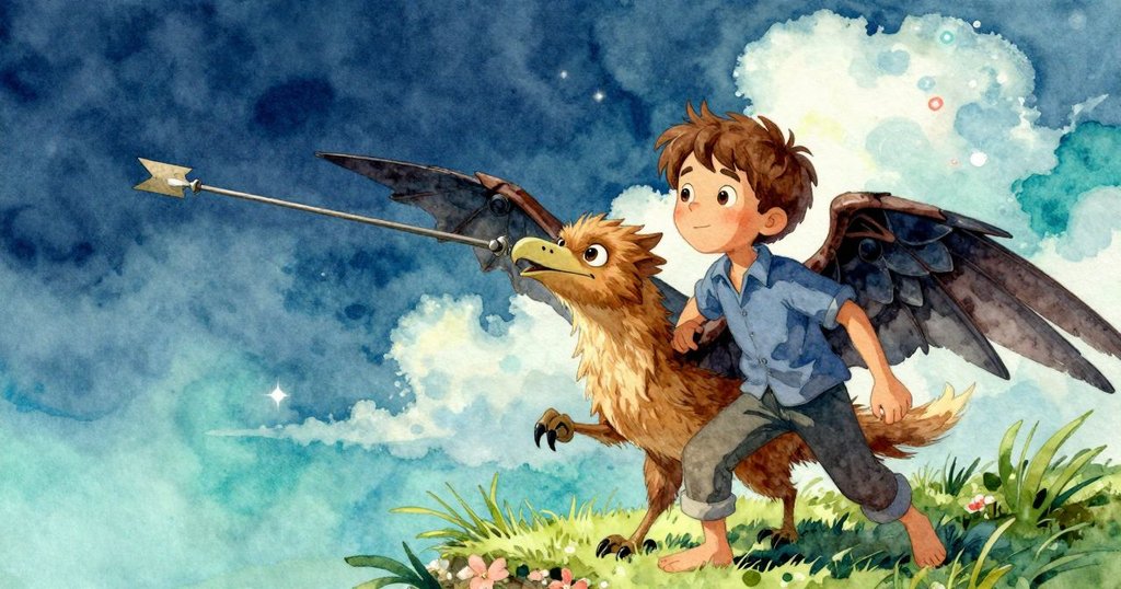 露天空曠甲板上，Sam揮動木尺指揮風向使指南針調正，Griffon在旁共享喜悅，旗幟隨風搖曳。