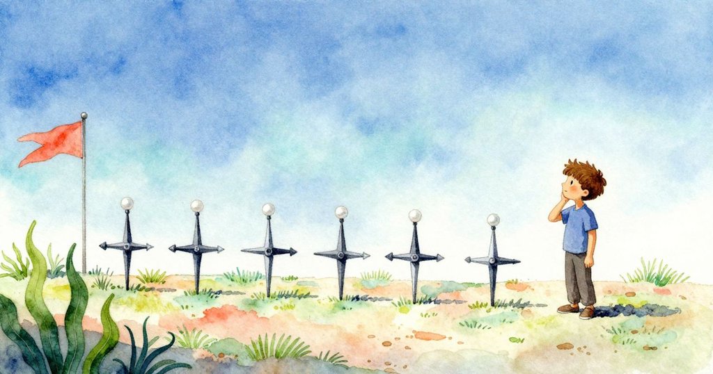 寬闊景觀中，Sam靜思前路，指南針、粉筆線與旗幟融合共譜新起點希望，天空清澈明朗。