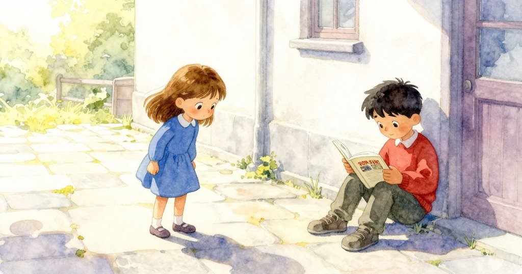 Tamsin走進晨光庭院,身影前行,York在遠處長椅閱讀漫畫,氛圍寧靜充滿希望