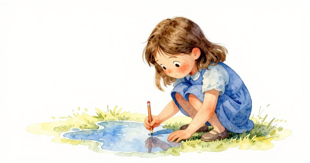 Tamsin蹲身觀察倒影,水面映出藍天及稀疏樹枝,準備用筆捕捉變化瞬間