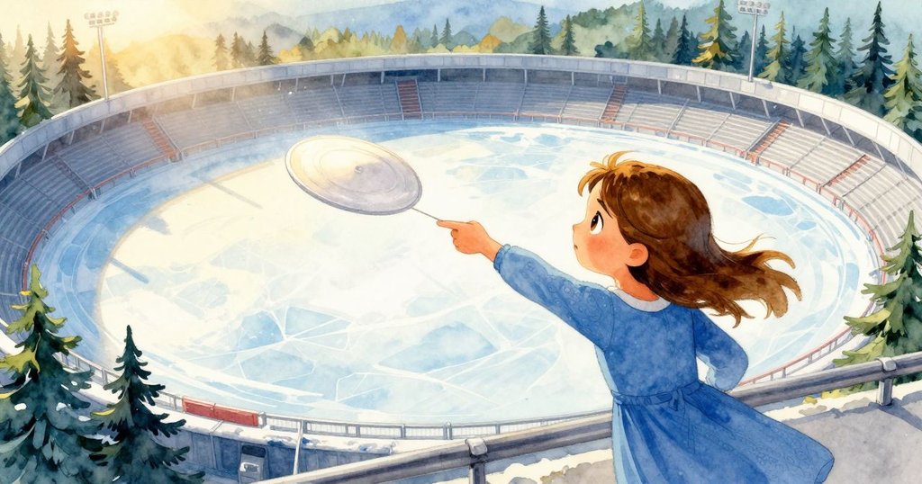 Dawn在陽光充沛的場地中啟動裝置發射盤子，展現活力與冒險精神，背景帶有光影反射