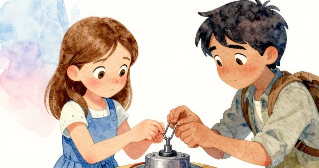 Dawn與Xander在裝置旁互動調整配重與夾子，中景中展現出專注與團隊合作的氛圍