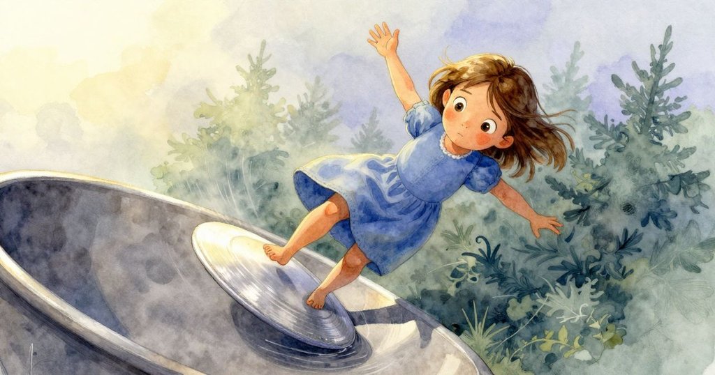 Dawn注視盤子不按預期滑向陰影，驚訝神情中展現光影交錯與細膩紋理變化