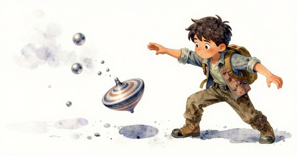 Xander迅速伸手迎接散落夾子，盤子與陀螺相撞引發連鎖反應，場面充滿金屬光澤與動感