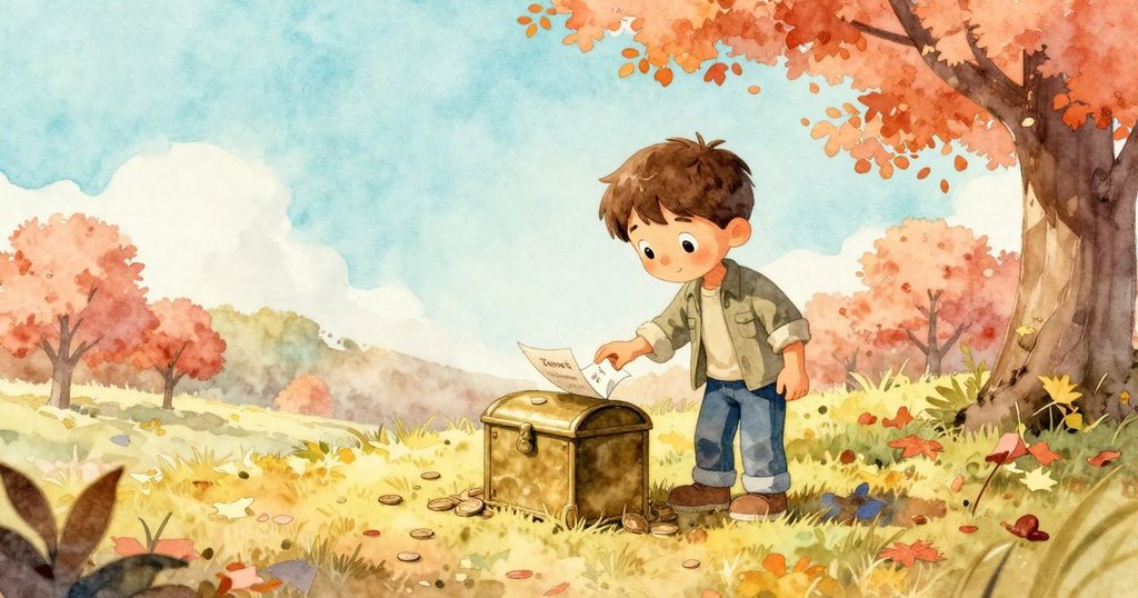 Zeke站在秋陽下安靜檢視帶痕跡的硬幣機和捲邊宣傳單,他的表情平靜而充滿好奇,周圍環境溫暖寧靜。