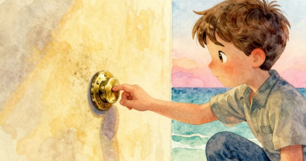 Zeke專注按下硬幣機冷硬的黃銅鈕扣,感受劃痕和金屬灰塵,表情認真而沉靜,光線柔和。