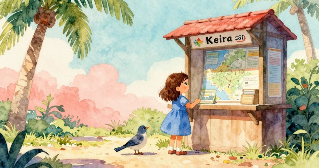 Keira在地圖亭前仔細查看時間表,旁邊的小鳥好奇地注視著她,現場充滿秋日暖陽與綠意,氣氛生動。