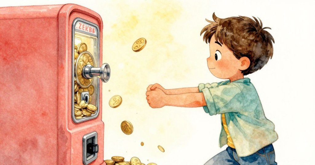 Zeke努力調整按壓硬幣機,金幣逐漸掉落,他的雙手緊張用力,臉上流露出堅持與期待,場景充滿動感。