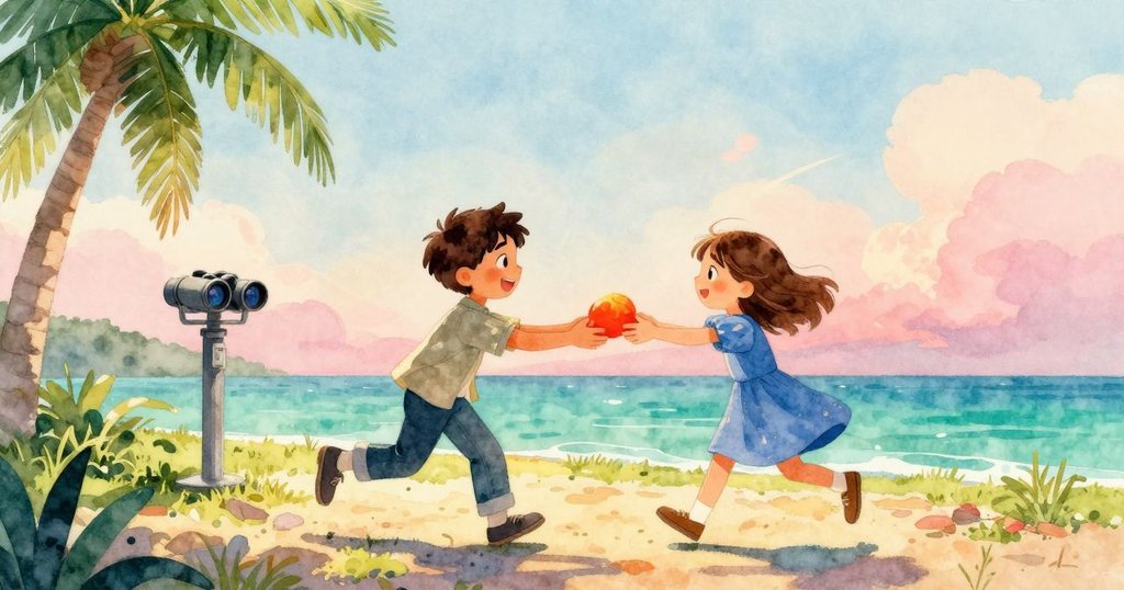 Zeke發現一枚明亮代幣,歡笑著彈入Keira伸出的手中,兩人面向遠方迎接新冒險,背景顯示節日與美好風景,充滿希望。