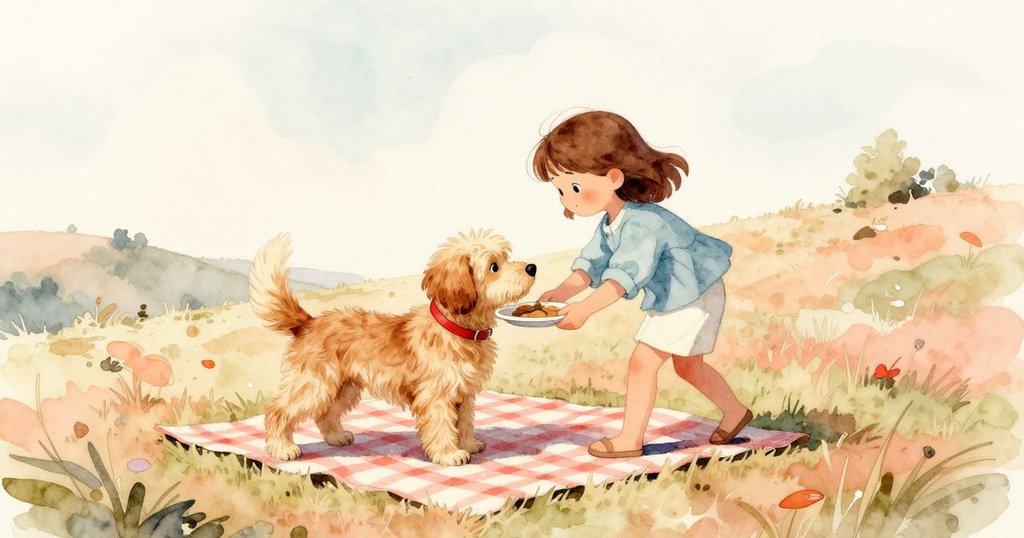 克萊歐在小山坡上穩住盤子，狗搖動尾巴敲擊條紋布，戶外陽光溫暖，氣氛寧靜