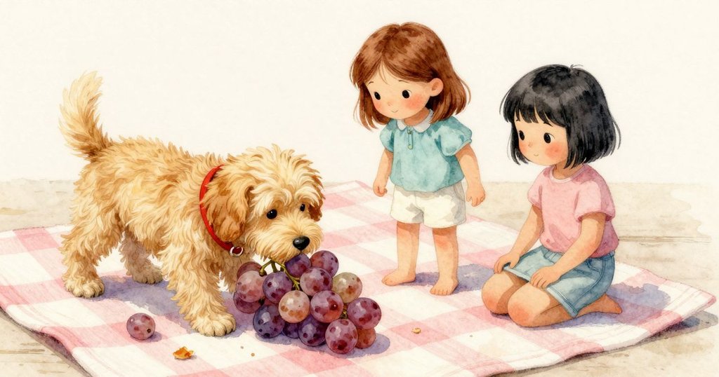 葡萄在條紋布上小滾動，紙杯搖晃，蚂蚁圍繞著白色碎屑，呈現細膩動態