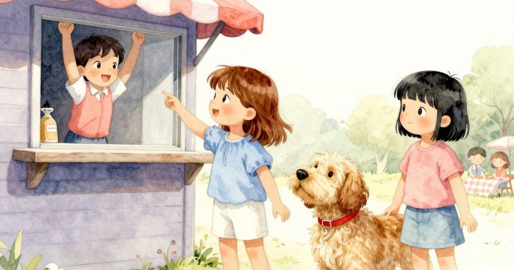 櫃檯接待員在小亭窗邊伸展身體，窗外野餐景象柔和映入，室內外光線交融