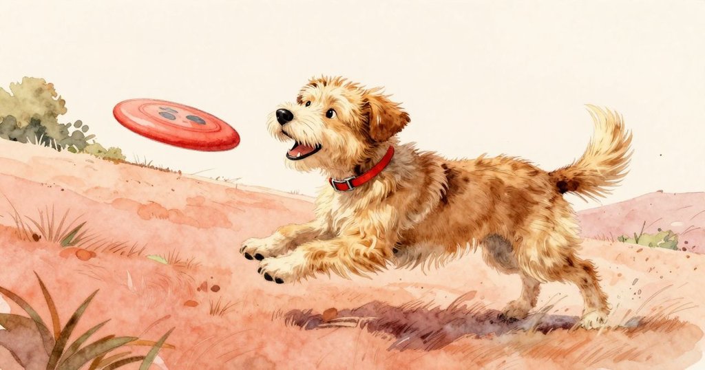 狗興奮地衝向明亮飛盤，下坡帶動繩索牽引籃子，動感流暢，場景充滿活力