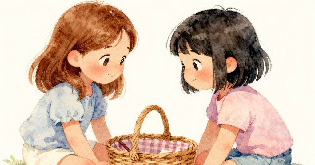 諾拉與克萊歐在傍晚柔光中微笑交流，籃子輕輕搖晃，故事在溫馨與寧靜中落幕