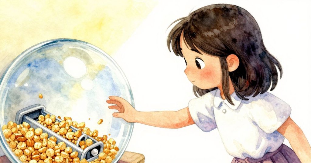 珀兒蹲在彎曲玻璃旁細看金色餅屑，展現尋找希望與細節觀察，室內溫柔光線襯托故事開始。