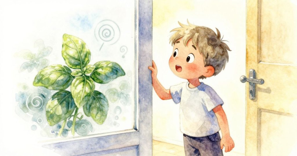 巴賽爾從半開門縫中拍打霧化玻璃，興奮地指向上方笑臉冰淇淋圖案，展現驚奇和探索的情緒。