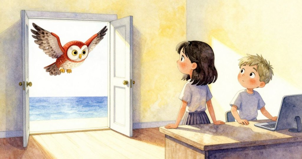 從高處俯瞰, 珀兒與巴賽爾站在櫃檯前，透過敞開門可見一隻鸮優雅飛出，溫馨室內外景交融。