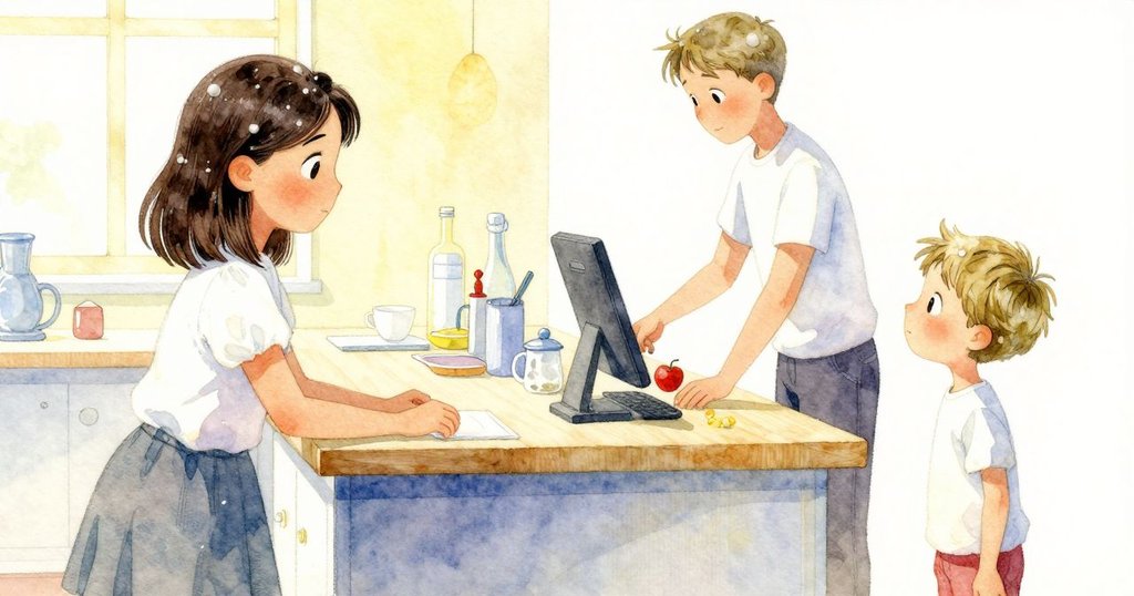 珀兒在櫃台前專注決定，點頭示意服務生，巴賽爾好奇敲打櫃台，呈現決斷與期待的瞬間。