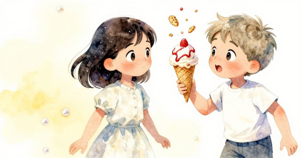 巴賽爾愉快試圖接住空中散落的餅乾碎片，珀兒牽引他至室外石階，草莓融化痕跡清晰，結局溫馨富意義。