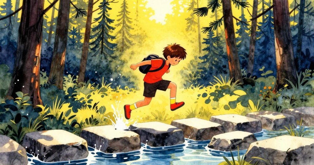 哈里斯在清晨陽光中跳上石頭, 水花四濺, 背景為松樹林, 表情充滿活力與冒險感