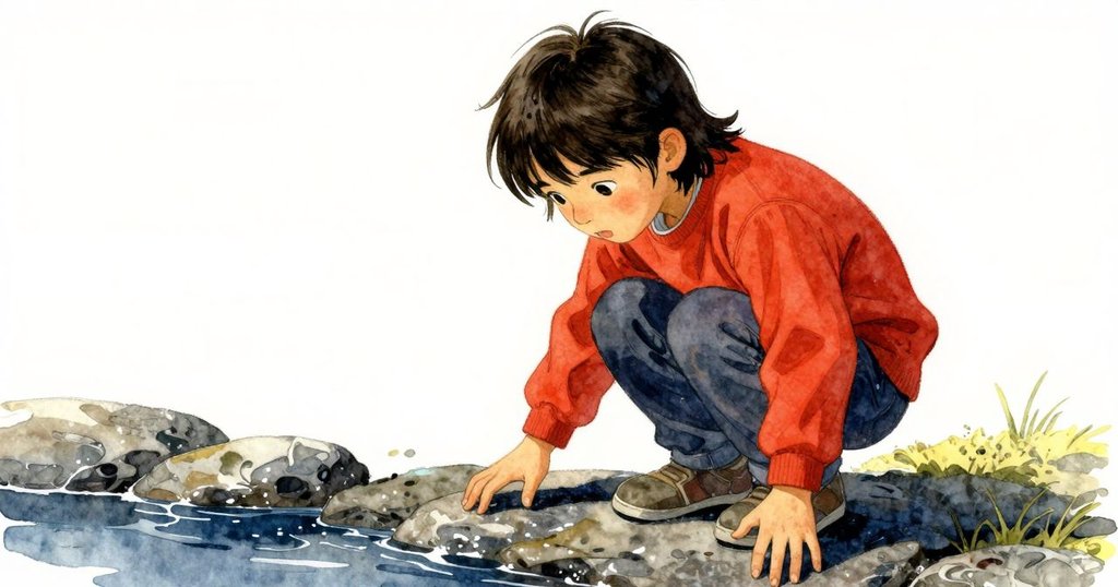 提奧謹慎屈身試探濕滑石頭, 表情專注與猶豫, 水面微光閃爍, 呈現冒險挑戰氛圍