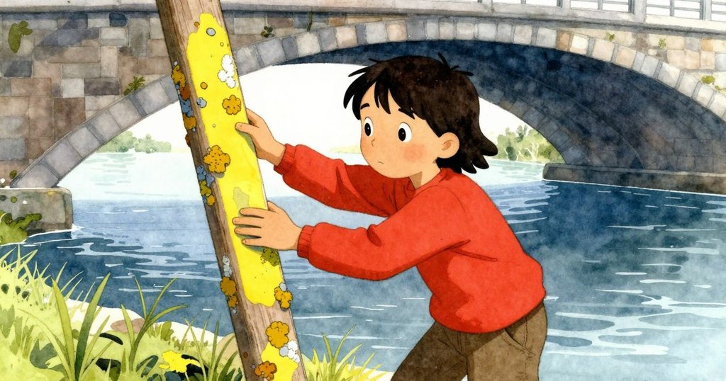 提奧在橋下清理指示桿上苔蘚, 臉上專注, 水流低語, 自然與挑戰交織的寧靜場景